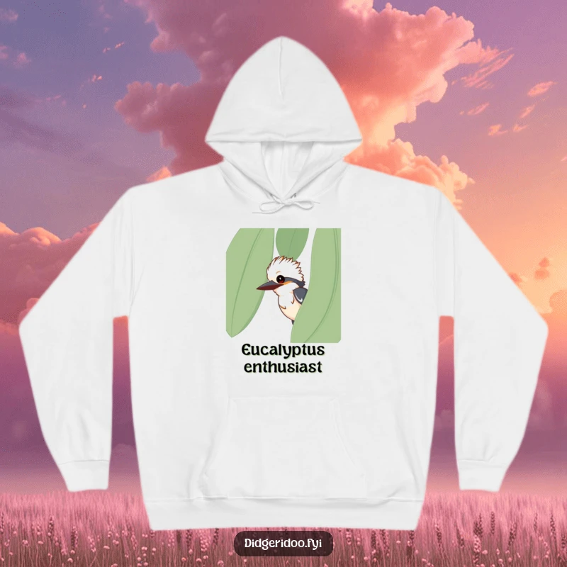 Funny kookaburra hoodie, curious bird peeking from eucalyptus leaf, cozy wildlife apparel, hilarious nature enthusiast gift.