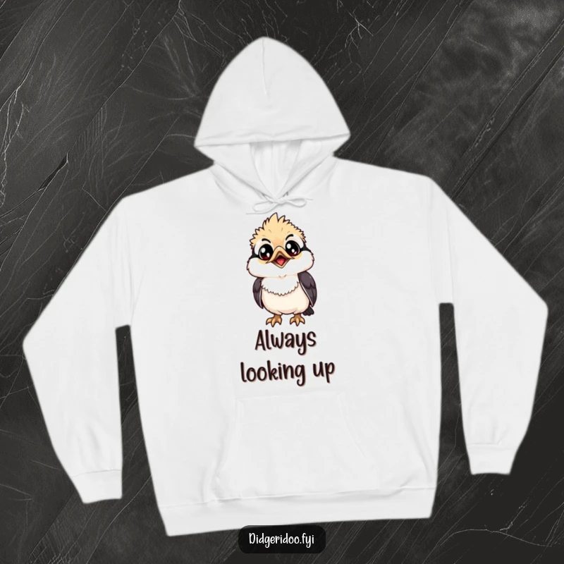 Funny Hoodie: A grinning kookaburra with wide eyes looks up, a warm and humorous apparel choice.