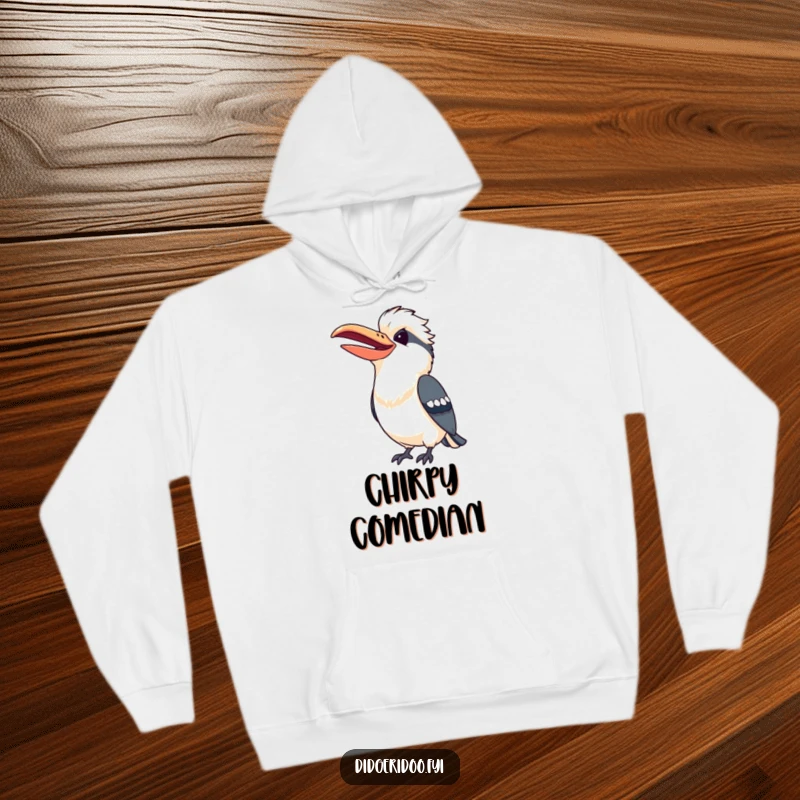 Funny Kookaburra Hoodie depicting a cheerful bird with a wide beak mid-laugh, designed for ultimate coziness.