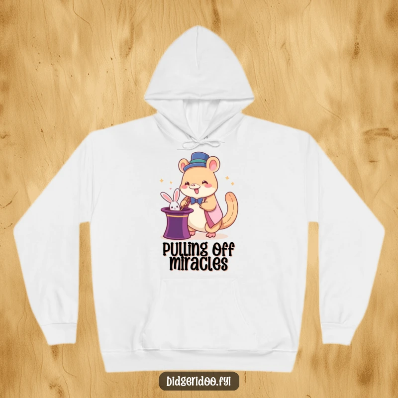 Funny platypus magician hoodie featuring a giddy cartoon platypus pulling a rabbit from a hat, a warm and humorous clothing gift.
