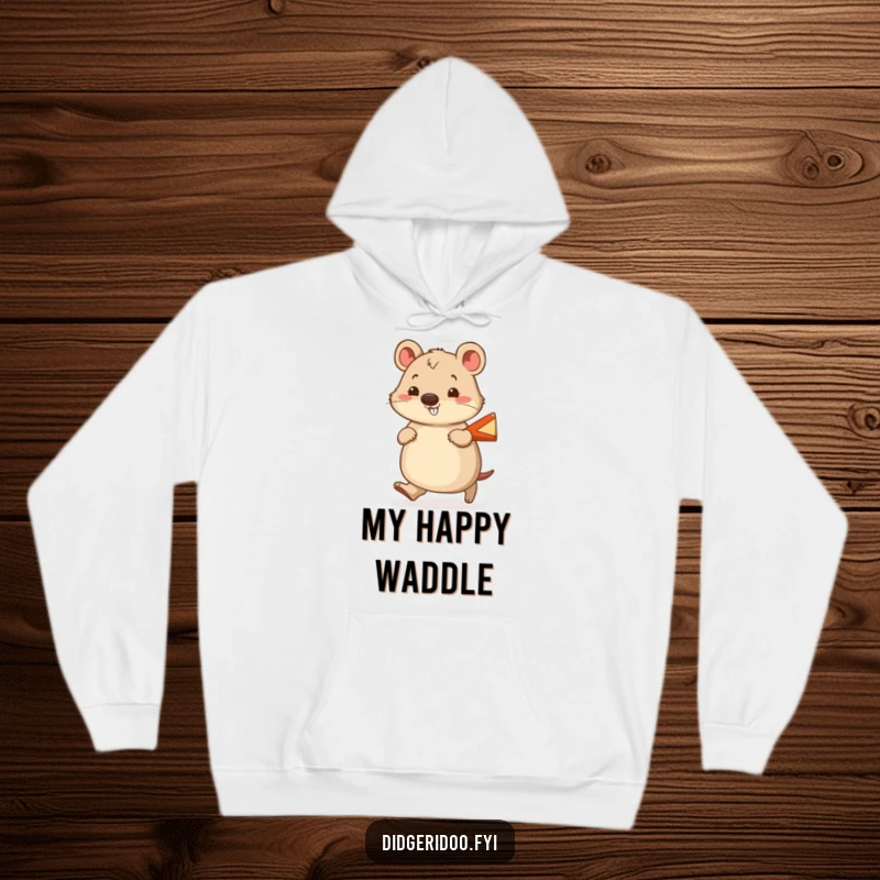 Funny wombat hoodie showing a cheerful wombat waddling with a smile and a tiny boomerang, offering comfort.
