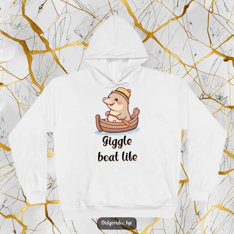 Funny giggling platypus wearing a tiny cork hat, paddling a miniature boat, a warm and humorous hoodie for cozy adventures.