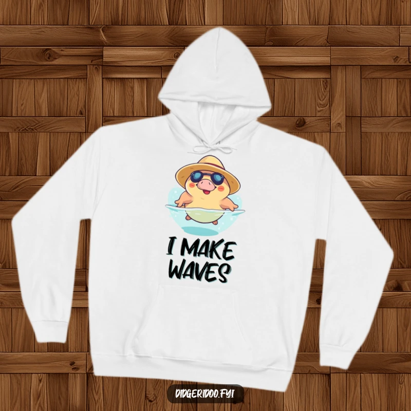 Funny Platypus Hoodie: a playful platypus sporting a sun hat does a fun dive, offering cozy warmth and aquatic-themed humor.