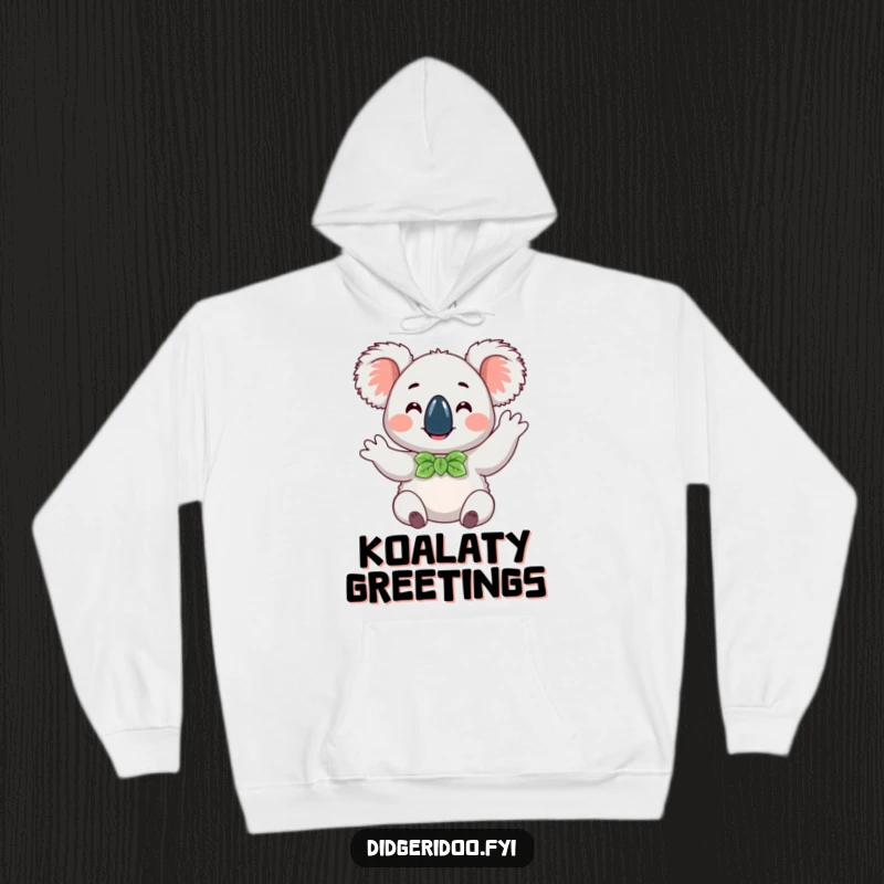 Funny happy koala wearing a eucalyptus leaf bow tie, doing a cheerful wave, a warm and humorous hoodie for cozy relaxation.
