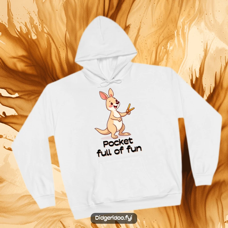 Funny kangaroo hoodie depicting a happy character enthusiastically kicking a miniature boomerang, radiating Aussie energy and comical joy.