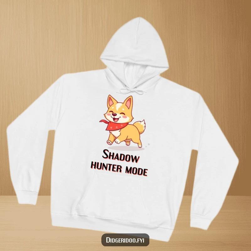 Funny dingo hoodie with a cool bandana, showing a dingo chasing a shadow, perfect for comfort and humor.