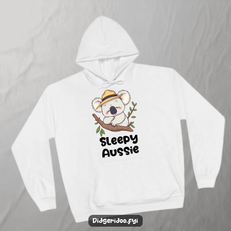 Funny Hoodie of a smiling koala wearing a tiny Akubra hat, snoozing contentedly on a tree branch.