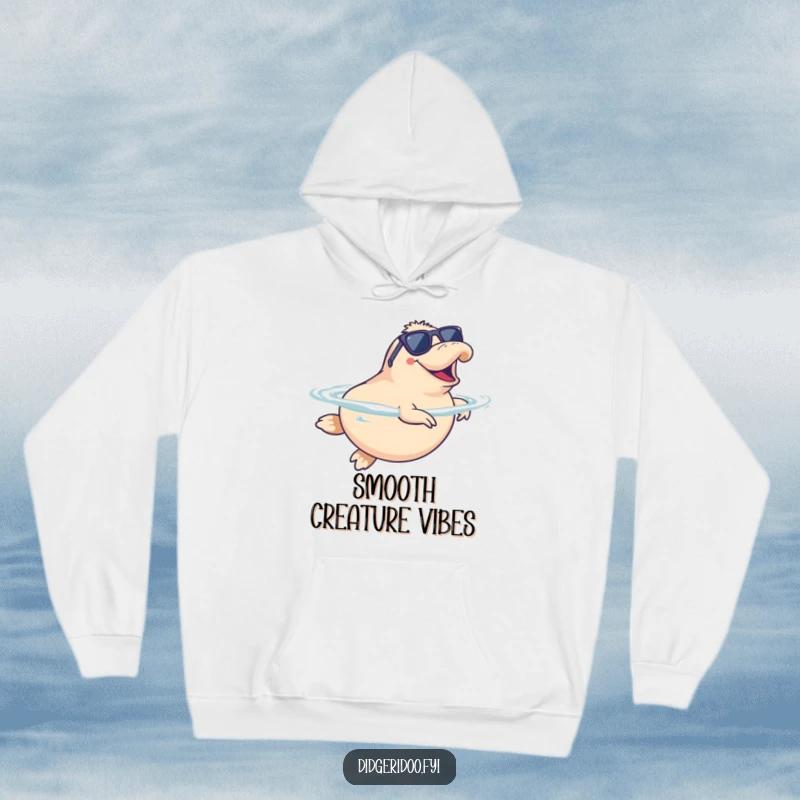 Funny Platypus Hoodie wearing sunglasses, doing a happy synchronized swim, offering cozy comfort with a humorous aquatic feel.