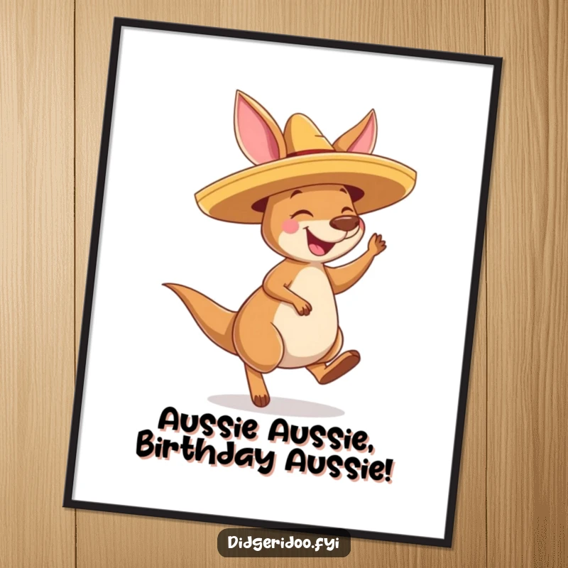 Funny free printable wall art of a happy kangaroo wearing a sombrero and bouncing with immense joy, perfect for a lively room.