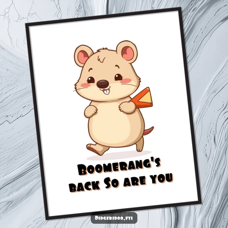 Funny Free Printable Wall Art featuring a cheerful wombat waddling with a smile, carrying a tiny boomerang. Cute downloadable decor.