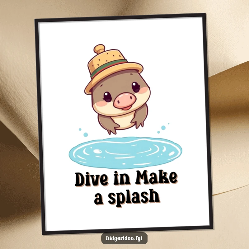 Funny Free Printable Wall Art of a curious platypus wearing a cork hat, diving into water. Whimsical downloadable decor.