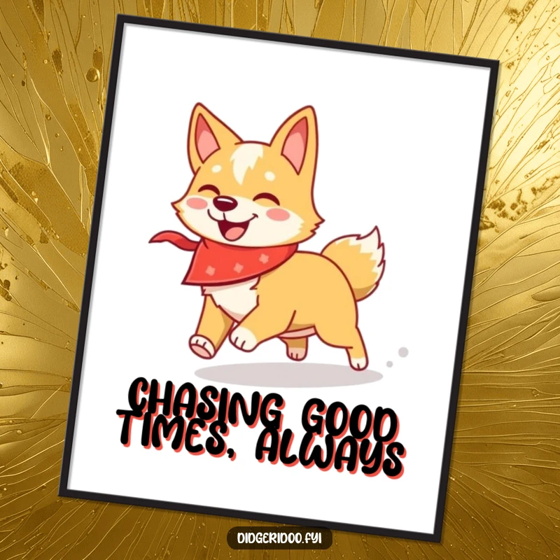 Funny Free Printable Dingo Art: Smiling dingo with a bandana playfully chases its own shadow.