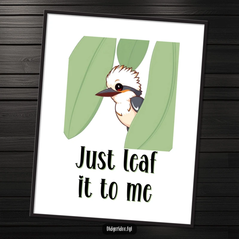 Funny free printable wall art of a curious kookaburra peeking from a eucalyptus leaf, adding a humorous touch to home decor.