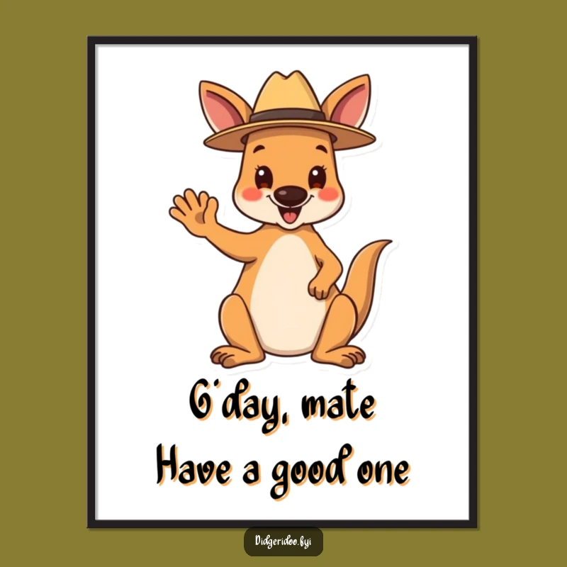 Free Printable Kangaroo Wall Art: Waving Akubra Hat Design, Funny Downloadable Decor