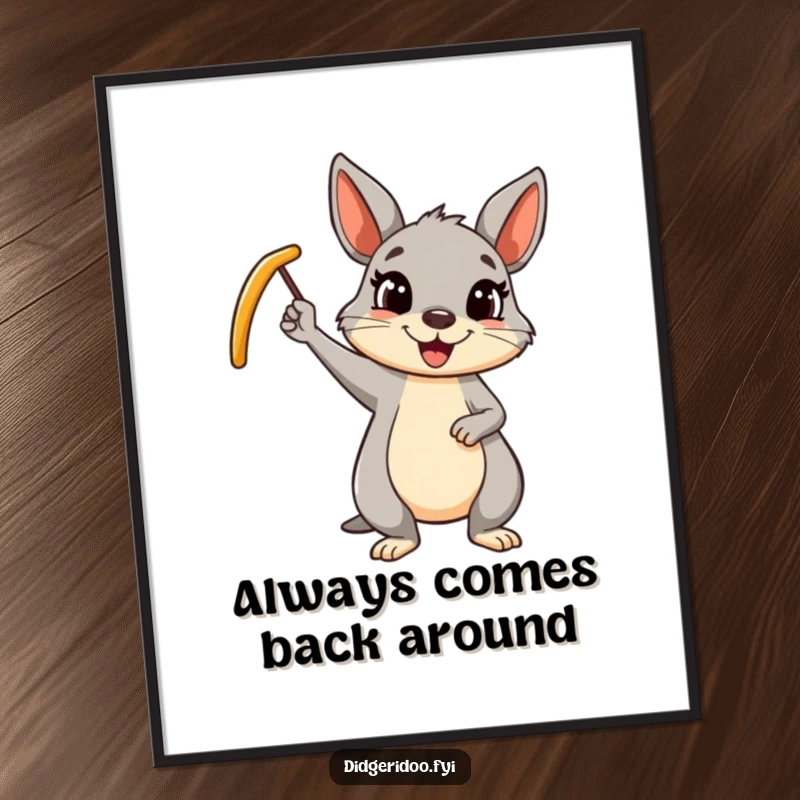Funny Free Printable Wall Art: A cheerful wallaby happily waving a boomerang, bringing a sense of adventure and fun.