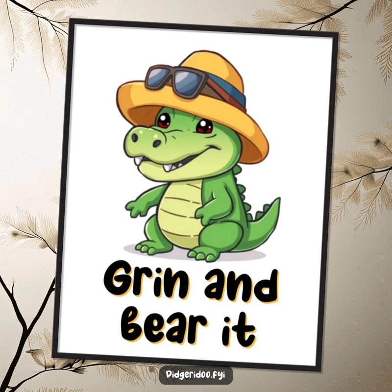 Funny Free Printable Wall Art: Crocodile with a trendy hat, giving a massive, friendly, toothy grin, cool downloadable decor.