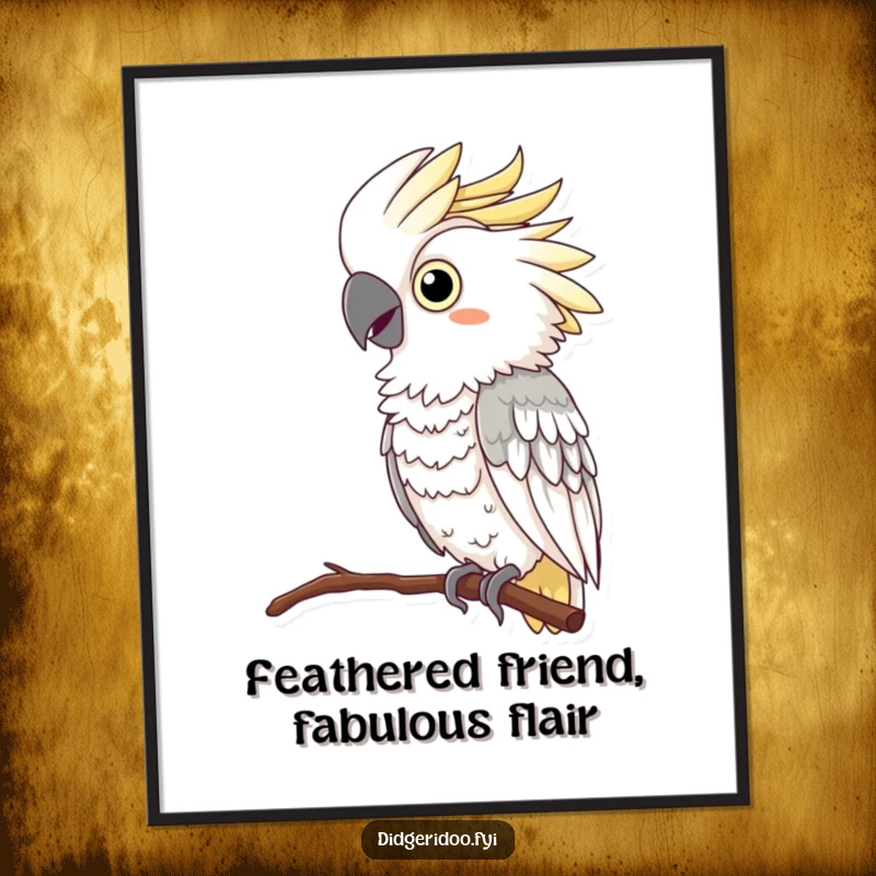 Funny Free Printable Wall Art of a curious cockatoo wearing a feather boa, looking fabulous. Quirky, downloadable decor.