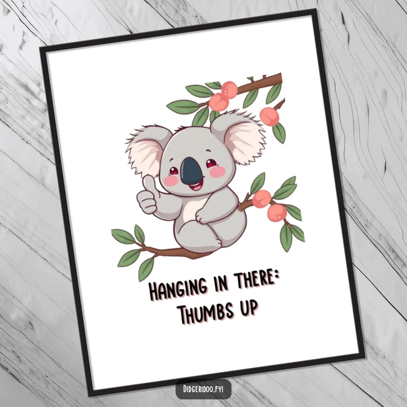Funny Free Printable Wall Art of a jovial koala giving a thumbs up from a eucalyptus branch, embodying relaxed positivity.