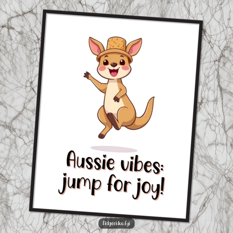 Funny Free Printable Wall Art of a joyful kangaroo wearing a tiny cork hat, jumping high with a playful, energetic spirit.