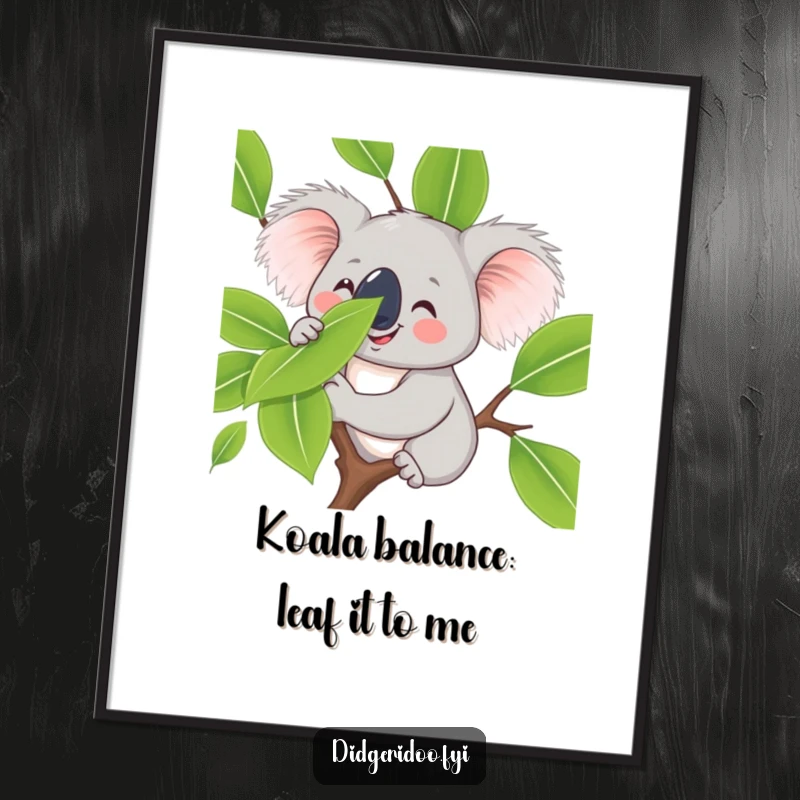 Funny Free Printable Wall Art of a smiling koala playfully balancing a eucalyptus leaf on its nose, creating a serene yet humorous scene.