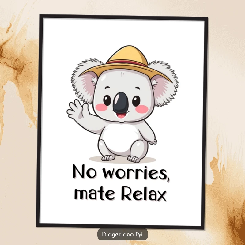 Funny Free Printable Wall Art: A cute Koala wearing a tiny Akubra hat, giving a cheerful wave.