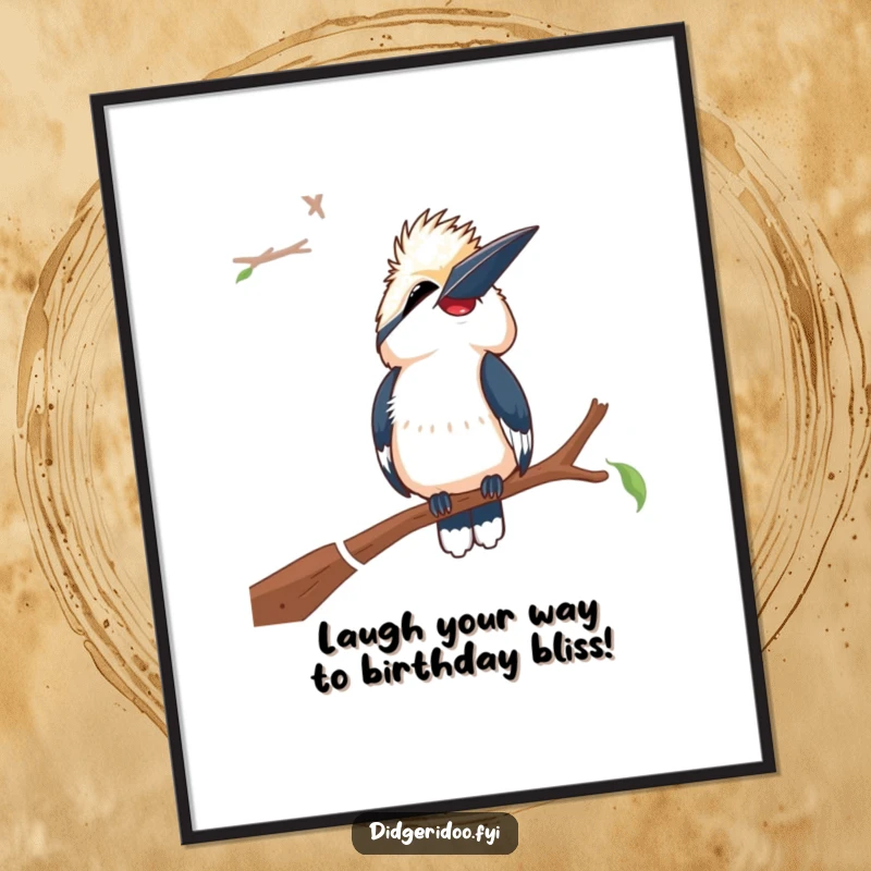 Funny free printable wall art of a kookaburra perched on a branch, captured mid-laugh with head tilted back, full of mirth.