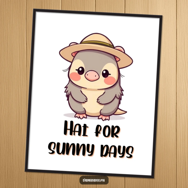 Funny Free Printable Wall Art of a shy platypus character adorably sporting a small, wide-brimmed hat, adding gentle humor.