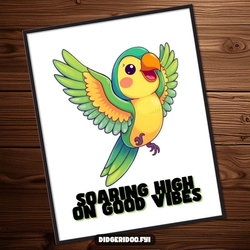 Funny Free Printable Wall Art: A colorful parrot soaring gracefully with an infectious, beaming smile.
