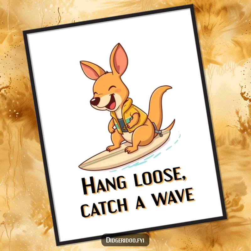 Funny Free Printable Wall Art of a laughing kangaroo wearing a surf vest, riding a small surfboard.