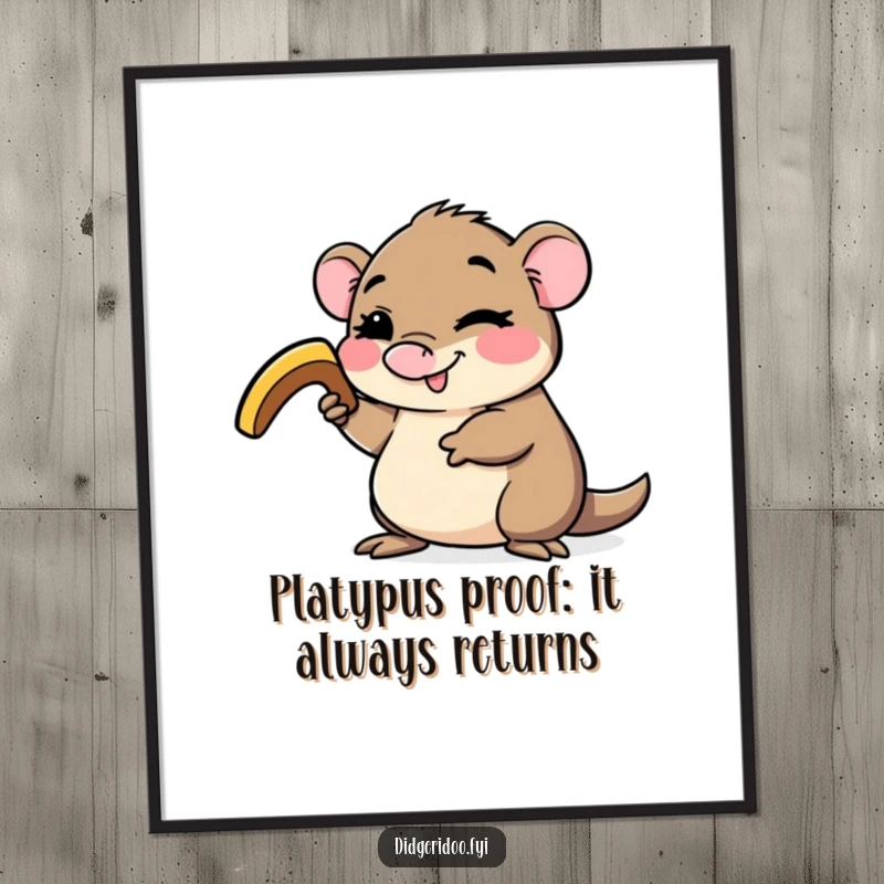 Funny Free Printable Wall Art of a happy platypus winking while holding a small boomerang, adding a playful and unique element.