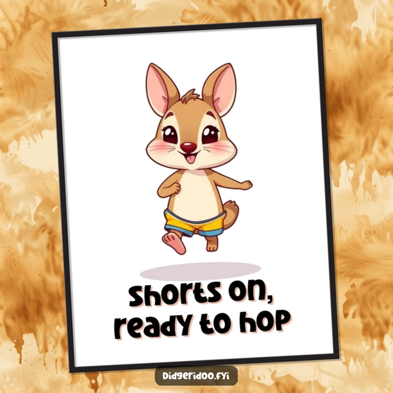 Funny Free Printable Wall Art: A curious wallaby wearing bright shorts hops excitedly.
