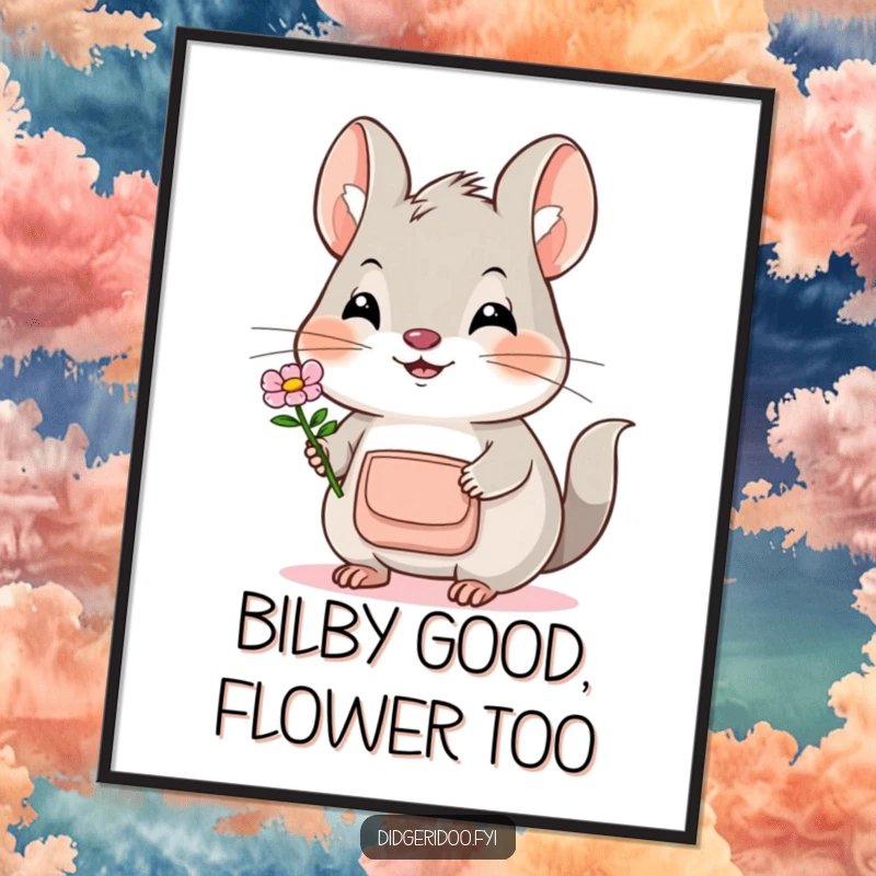 Funny Free Printable Bilby Wall Art: Smiling bilby with pouch offers a flower. Cute downloadable decor.