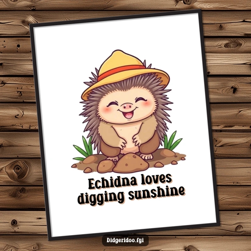 Funny Free Printable Wall Art of a cheerful echidna in a small sun hat, enthusiastically digging the ground with a wide, happy grin.