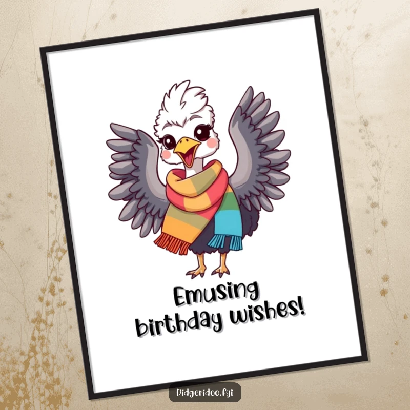 Funny Free Printable Wall Art: A colourful scarf Emu flapping wings in utter delight, perfect quirky room decor.