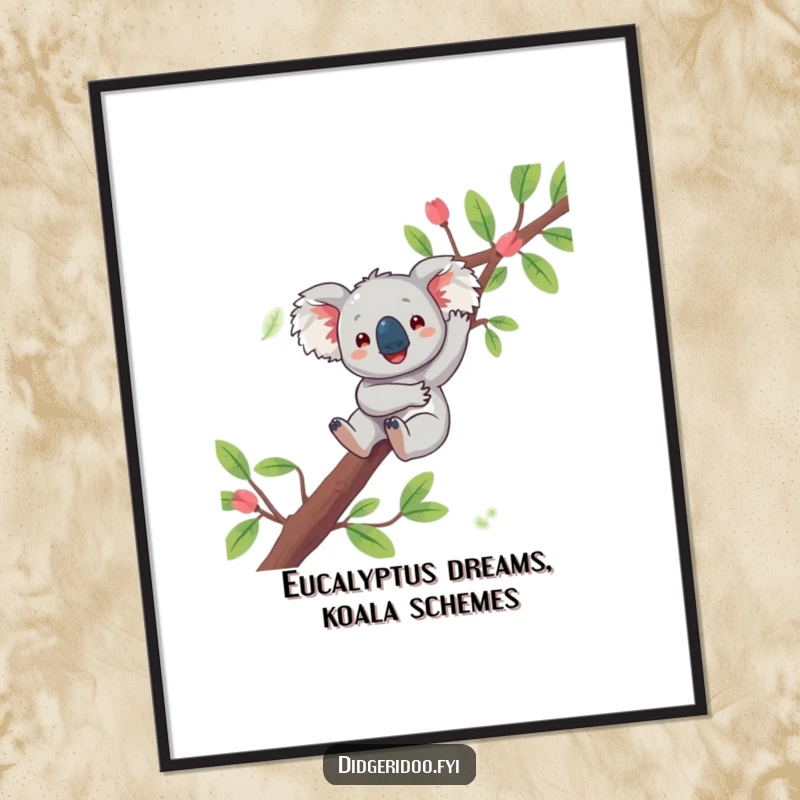 Funny Free Printable Wall Art: a playful koala joyfully dangling from a eucalyptus branch, bringing relaxed vibes.