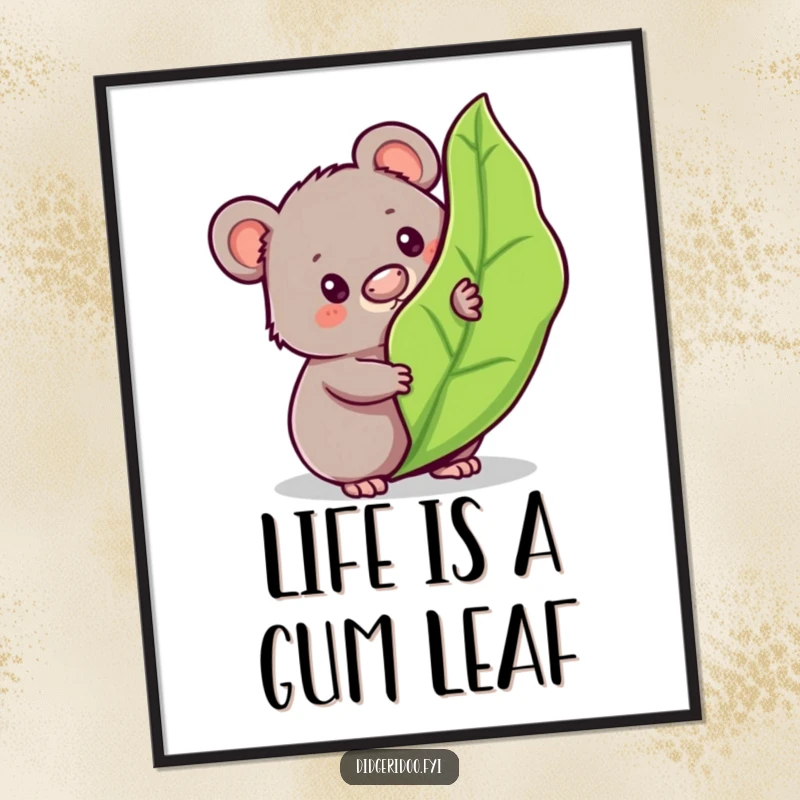 Funny Free Printable Wall Art: a curious wombat peeking from behind a bouncy gum leaf, adding playful charm.