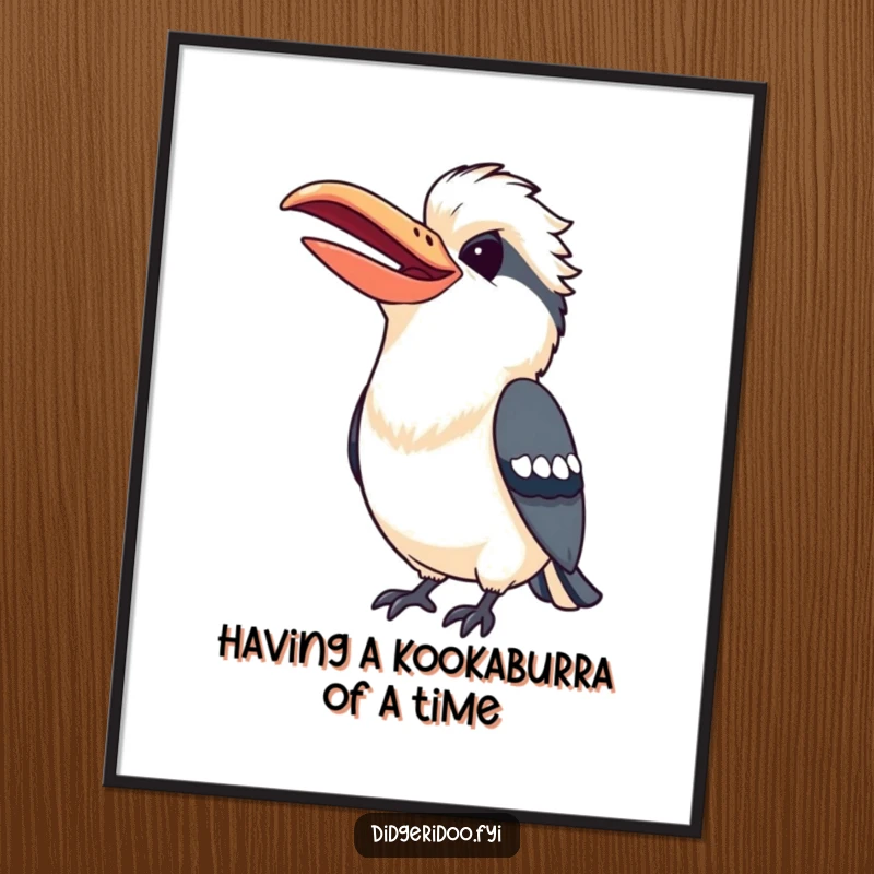 Funny Free Printable Wall Art of a playful kookaburra caught mid-laugh with a wide, cheerful beak.