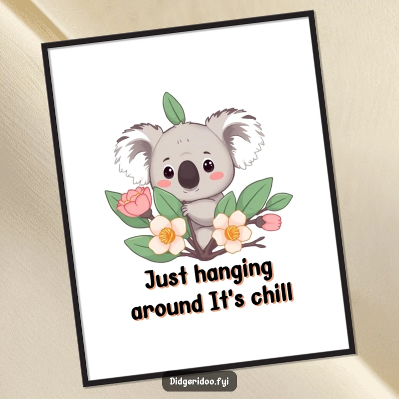 Funny Free Printable Wall Art: A curious koala peeks from behind a stylized eucalyptus bloom, adding charm.