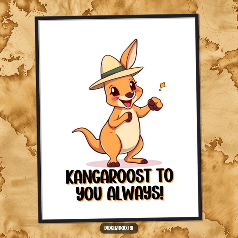 Funny Free Printable Wall Art of a delighted kangaroo wearing an Akubra hat, playfully boxing with energy and charm.