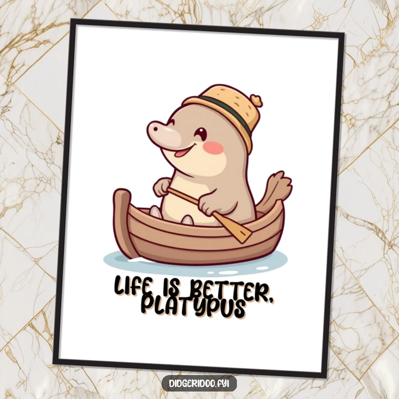 Funny Free Printable Wall Art: A giggling platypus wearing a tiny cork hat paddles a little boat.
