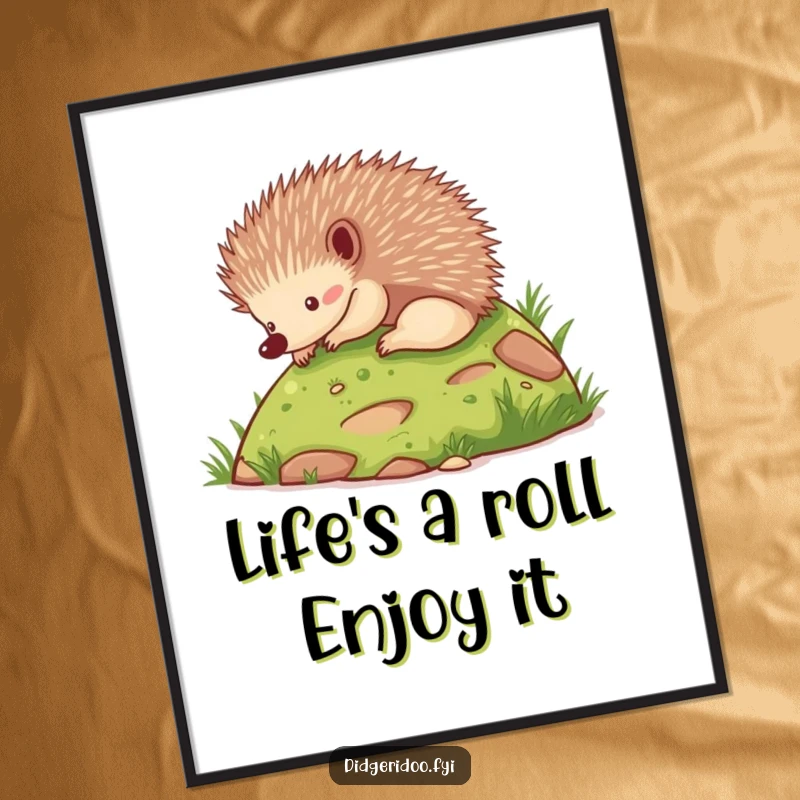 Funny Free Printable Wall Art: A cute echidna character captured in motion, playfully rolling down a small grassy hill.