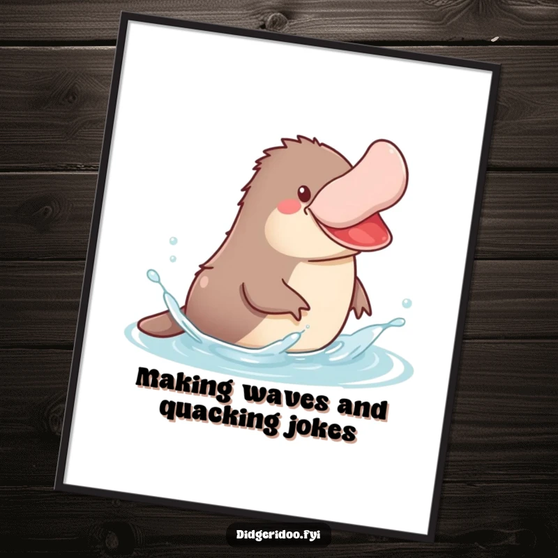 Funny Free Printable Wall Art of a jovial platypus with its bill turned up, splashing in stylized water.