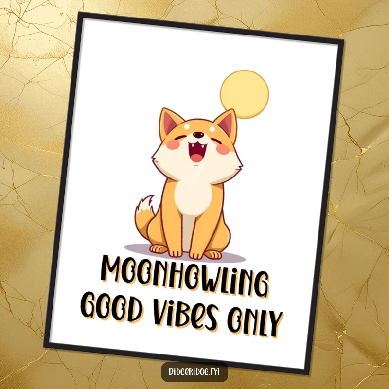 Funny Free Printable Wall Art: A cheerful dingo howling at a big cartoon moon, bringing quirky vibes.