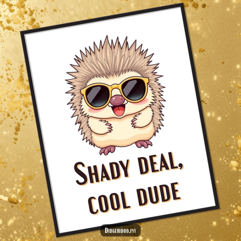 Funny Free Printable wall art of an echidna looking super cool while wearing stylish sunglasses, radiating good vibes.