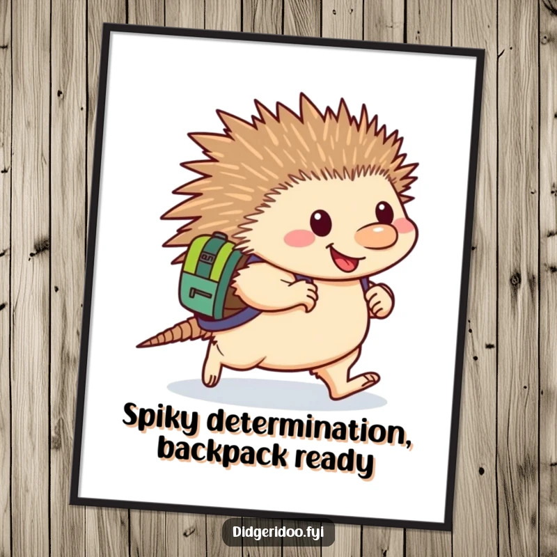 Funny Free Printable Wall Art of a happy echidna wearing a backpack, waddling forward with purpose. Motivational, downloadable decor.