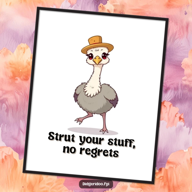 Funny Free Printable Wall Art: Proud emu in a cork hat strutting confidently, bringing a humorous and stylish vibe to your space.