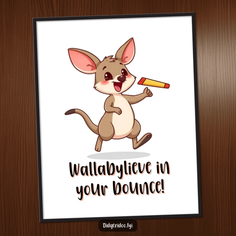 Funny Free Printable Wall Art: A happy wallaby mid-hop with a boomerang, looking excited, perfect for playful home decor, downloadable.