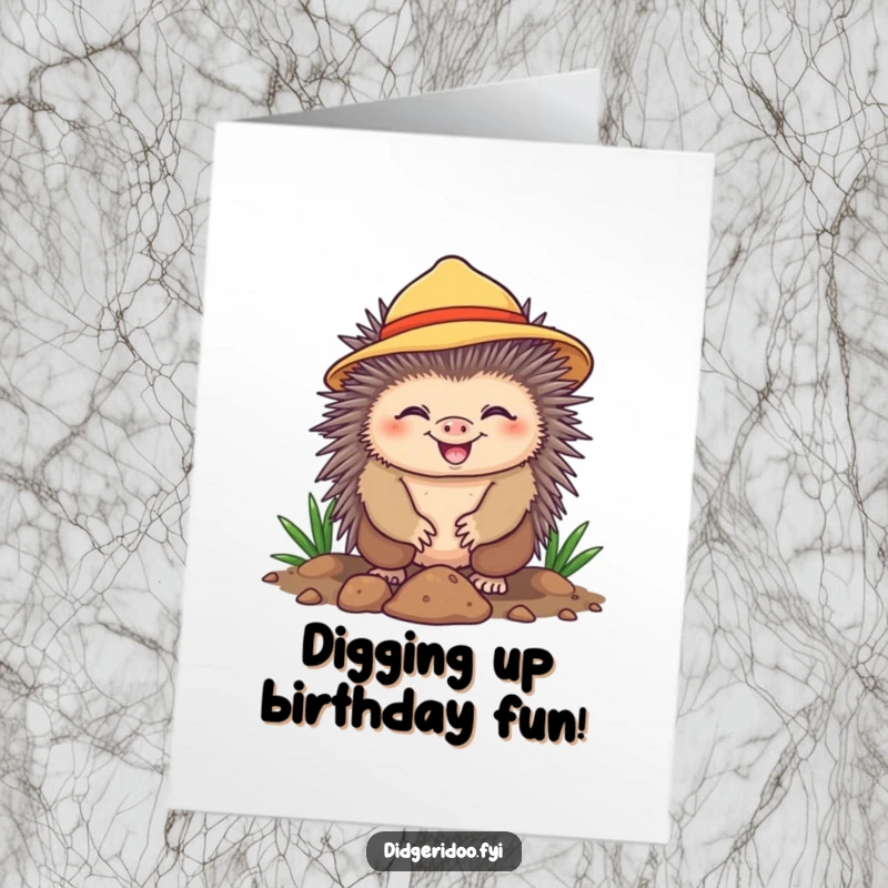 Funny Free Printable Birthday Card features a cheerful echidna in a sun hat, grinning widely while enthusiastically digging.