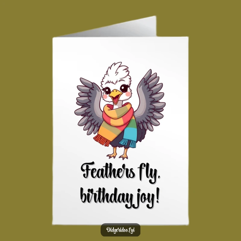 Free Printable Birthday Card: Funny Emu Flapping Scarf Delight Downloadable Gift