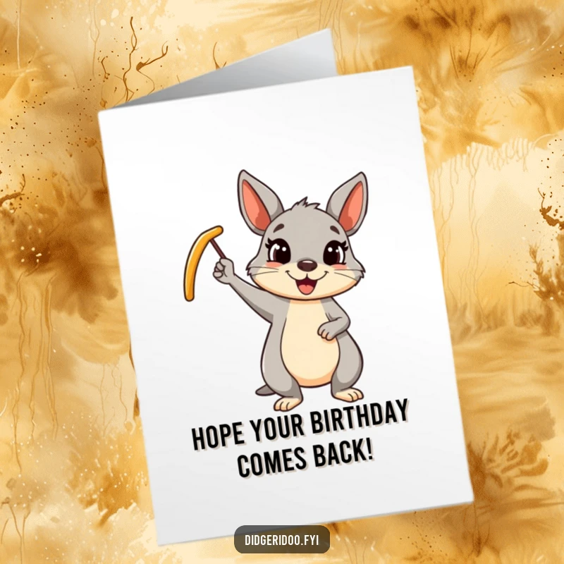 Funny Free Printable Birthday Card featuring a cheerful wallaby enthusiastically waving a boomerang, ready for celebration.